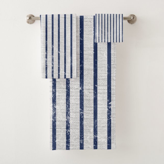 Rustic Gray Linen & Navy Blue Stripes Pattern   Bath Towel Set (Insitu)