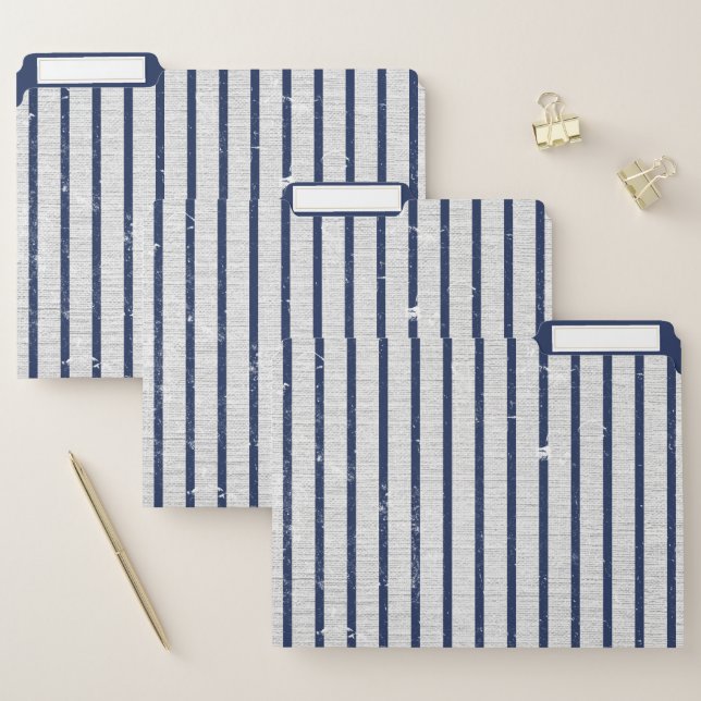 Rustic Gray Linen & Navy Blue Stripes Pattern  File Folder (Set)