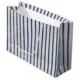 Rustic Gray Linen & Navy Blue Stripes Pattern Large Gift Bag