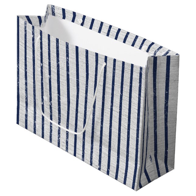 Rustic Gray Linen & Navy Blue Stripes Pattern Large Gift Bag (Front Angled)
