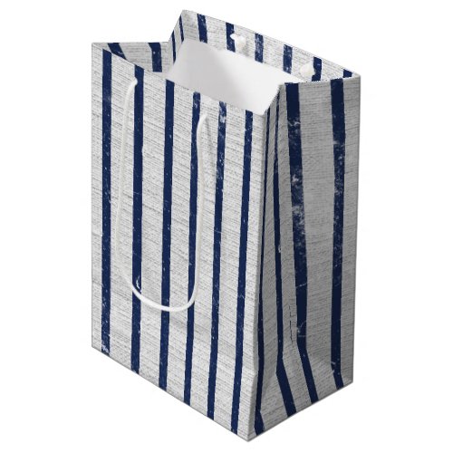 Rustic Gray Linen  Navy Blue Stripes Pattern  Medium Gift Bag