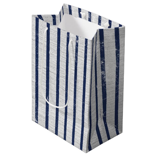 Rustic Gray Linen & Navy Blue Stripes Pattern  Medium Gift Bag (Front Angled)