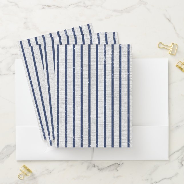 Rustic Gray Linen & Navy Blue Stripes Pattern  Pocket Folder (In Situ)