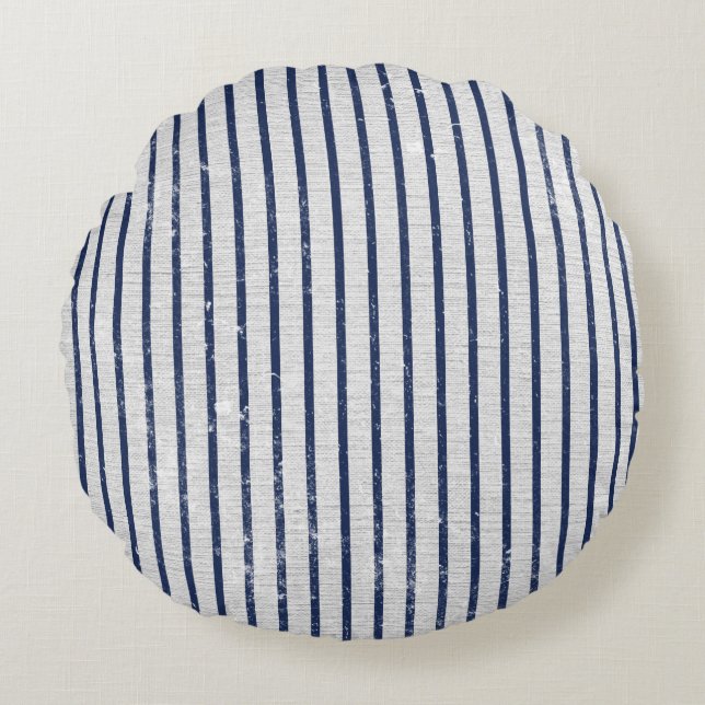 Rustic Gray Linen & Navy Blue Stripes Pattern  Round Pillow (Front)