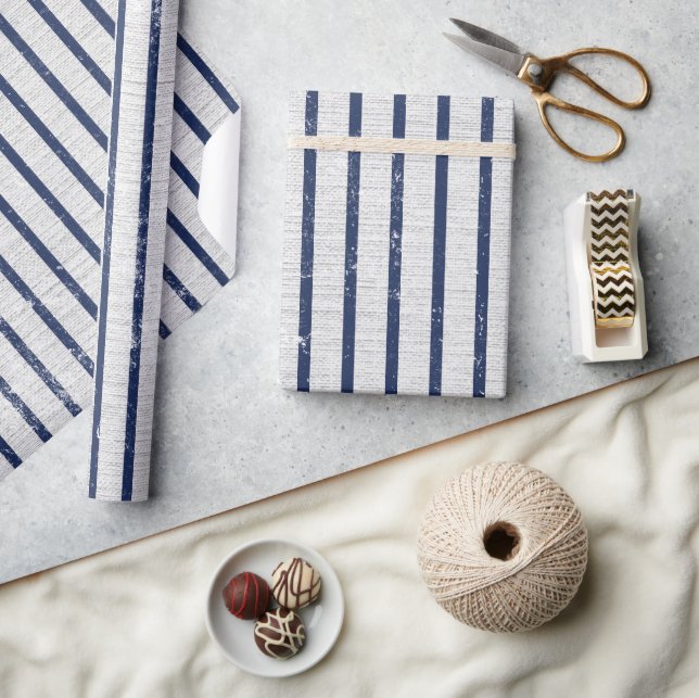 Rustic Gray Linen & Navy Blue Stripes Pattern  Wrapping Paper (Crafts)
