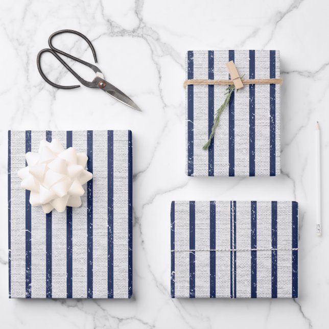 Rustic Gray Linen & Navy Blue Stripes Pattern Wrapping Paper Sheets (Front)