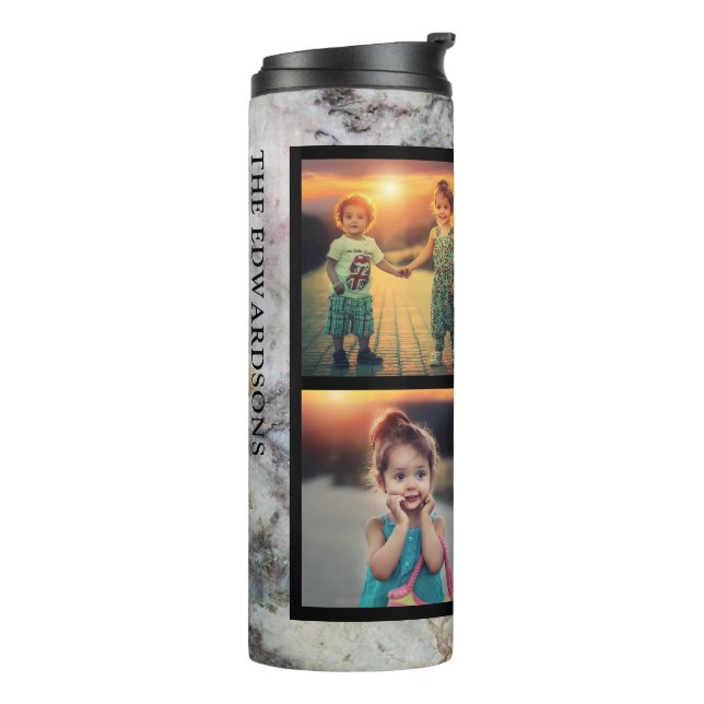 Rustic gray marble family photo collage monogram thermal tumbler (Rotated Left)