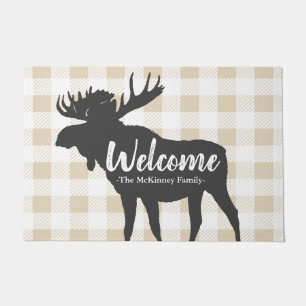 Rustic Gray Moose Silhouette & Family Name Welcome Doormat