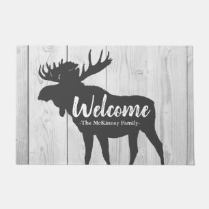 Rustic Gray Moose Silhouette & White Gray Wood Doormat