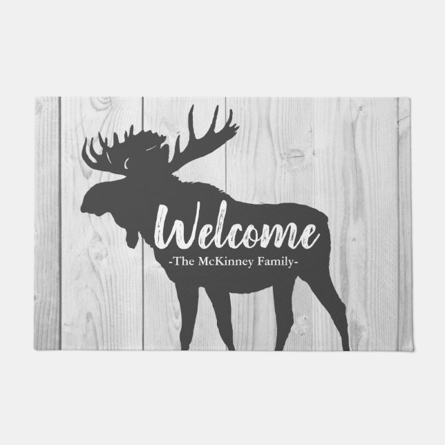 Rustic Gray Moose Silhouette & White Gray Wood Doormat (Front)