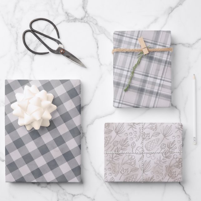 Rustic Gray Plaid and Three Matching Pattern  Wrap Wrapping Paper Sheets (Front)