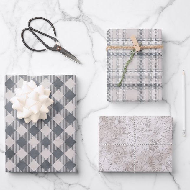 Rustic Gray Plaid and Three Matching Pattern Wrapping Paper Sheets (Front)