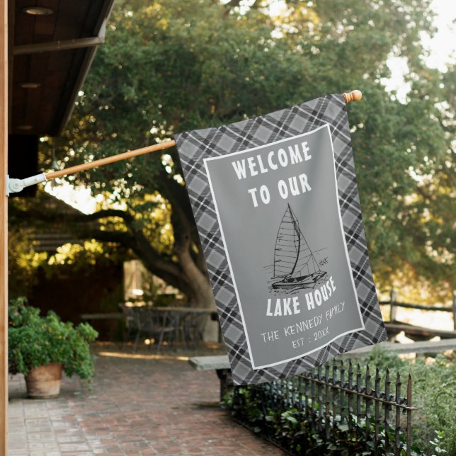 Rustic Gray Plaid Family Lake House Welcome Flag (In SItu)
