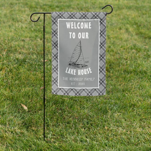 Rustic Gray Plaid Family Lake House Welcome Garden Flag (In SItu)