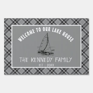 Rustic Gray Plaid Family Lake House Welcome Sign