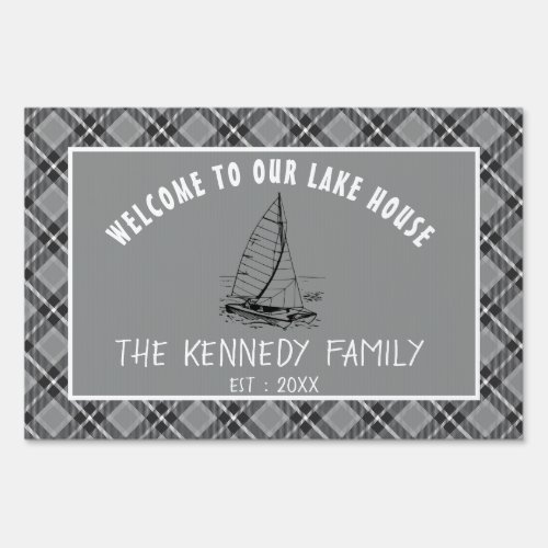 Rustic Gray Plaid Family Lake House Welcome Sign