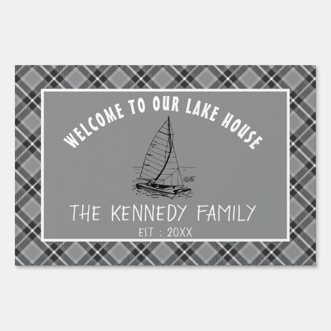 Rustic Gray Plaid Family Lake House Welcome Sign (Front)