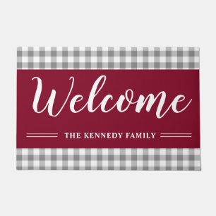 Rustic Gray Plaid Family Name Burgundy Welcome Doormat