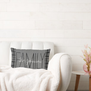 Rustic Gray Plaid Family Name Lumbar Pillow