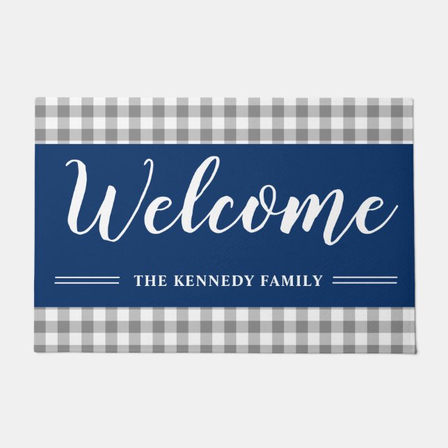Rustic Gray Plaid Family Name Navy Blue Welcome    Doormat (Front)
