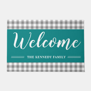 Rustic Gray Plaid Family Name Teal Welcome Doormat
