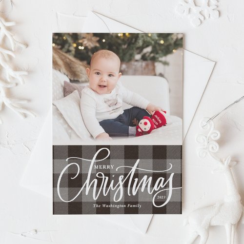Rustic Gray Plaid Merry Christmas Photo Holiday Card