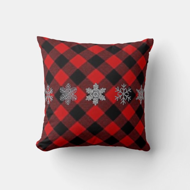 Rustic gray red plaid silver sparkle snow flakes throw pillow (Front)