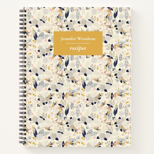 Rustic Gray Rose Floral Pattern Custom Name Recipe Notebook