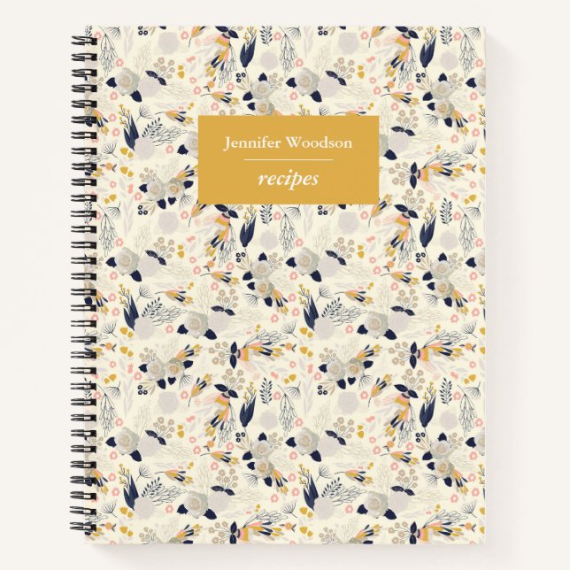 Rustic Gray Rose Floral Pattern Custom Name Recipe Notebook (Front)