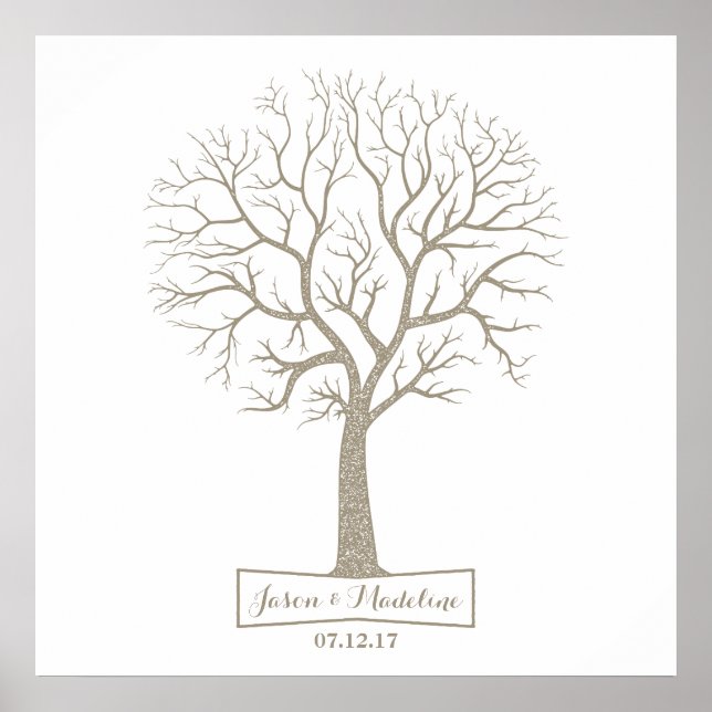 Rustic Gray Tan Tree Thumbprint Wedding Guestbook (Front)
