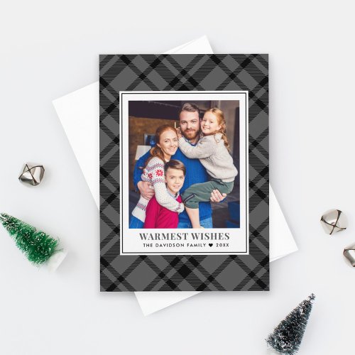Rustic Gray Tartan Plaid Warmest Wishes Photo Holiday Card