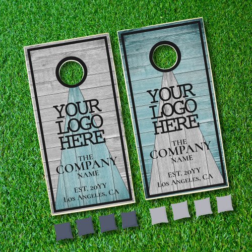 Rustic Gray Turquoise Wood Planks Company Logo Cornhole Set