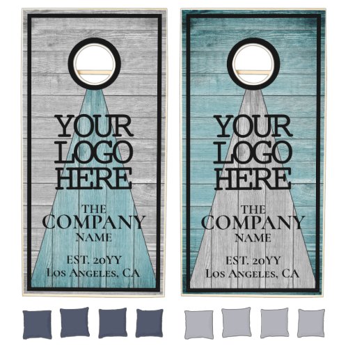 Rustic Gray Turquoise Wood Planks Company Logo Cornhole Set