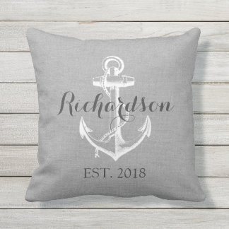 Rustic Gray Vintage Anchor Wedding Monogram Outdoor Pillow