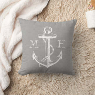 Rustic Gray Vintage Anchor Wedding Monogram Throw Pillow