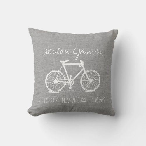 Rustic Gray Vintage Bicycle Newborn Monogram Throw Pillow