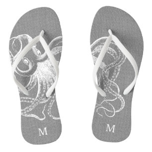 Rustic Gray Vintage Octopus Monogram Flip Flops