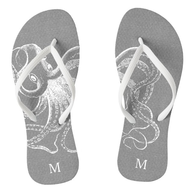 Rustic Gray Vintage Octopus Monogram Flip Flops (Footbed)