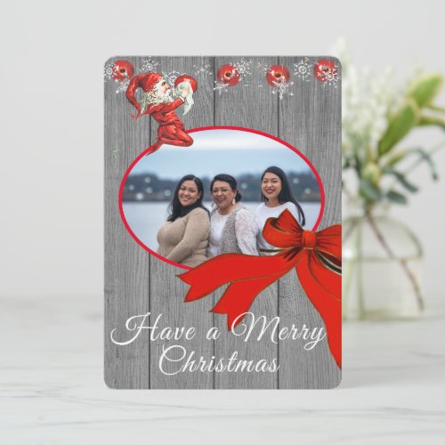 Rustic Gray Vintage Red Elf Photo Merry Christmas Holiday Card