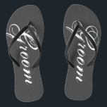 Rustic gray wedding flip flops for bride and groom<br><div class="desc">Rustic wedding flip flops for groom and bride or guests. Custom strap color for him and her / men and women. Customizable gray / grey background color and personalizable with name initials ormonogram. Modern black and white his and hers wedge sandals with stylish script calligraphy typography. Cute party favor for...</div>