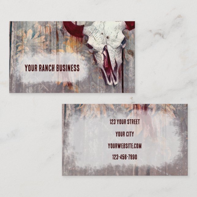Rustic Gray Western Bull Skull Yellow Sunflowers Business Card (Front/Back)
