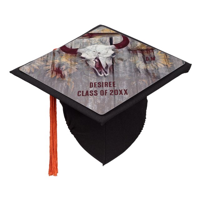 Rustic Gray Western Bull Skull Yellow Sunflowers Graduation Cap Topper (Angled)