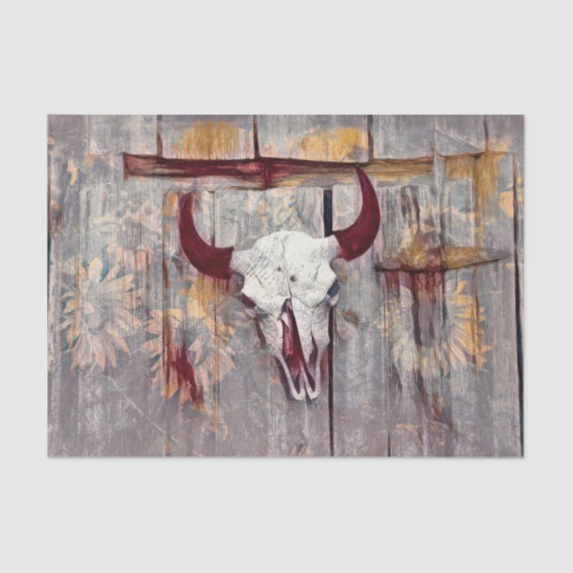 Rustic Gray Western Bull Skull Yellow Sunflowers Tissue Paper (Front)