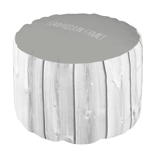 Rustic gray white wood shiplap driftwood monogram pouf (Angled Back)