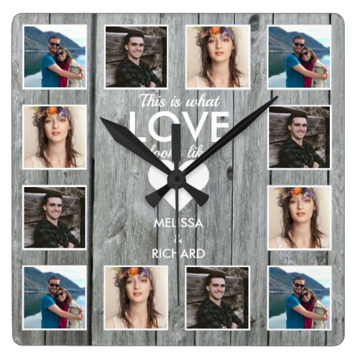 Rustic Gray Wood 12 Photo Collage Anniversary Love Square Wall Clock