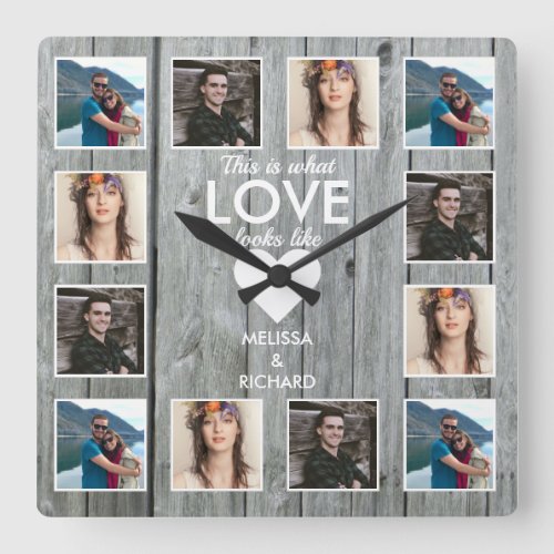 Rustic Gray Wood 12 Photo Collage Anniversary Love Square Wall Clock