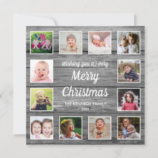 Rustic Gray Wood 12 Photo Collage  Christmas Holiday Card (Front)