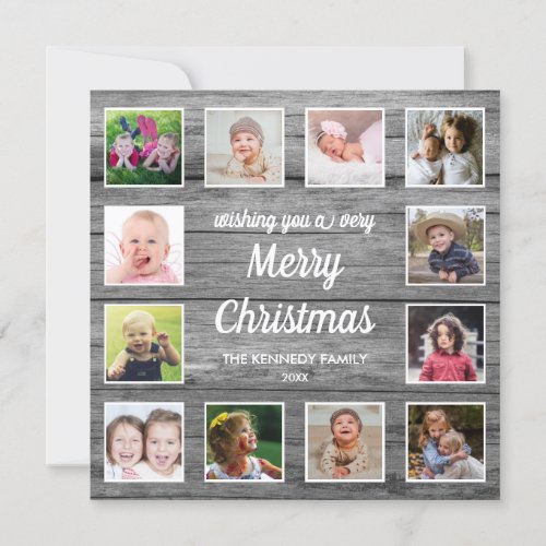 Rustic Gray Wood 12 Photo Collage  Christmas Holiday Card