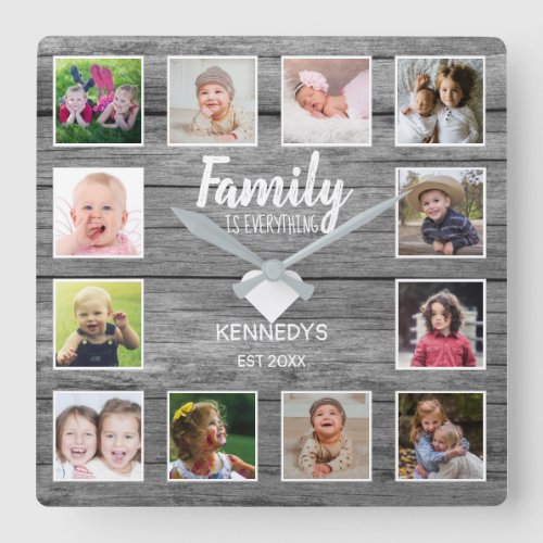 Rustic Gray Wood 12 Photo Collage Family Quote Square Wall Clock