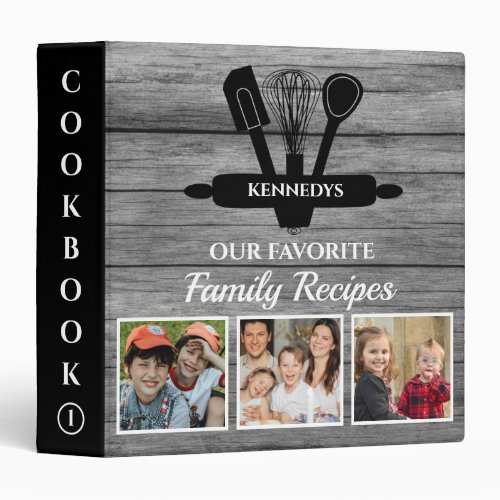 Rustic Gray Wood 3 Photo Family Recipe Cookbook   3 Ring Binder